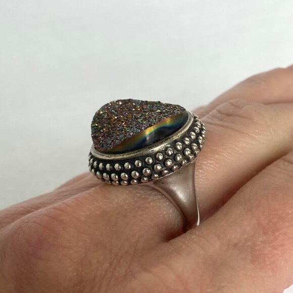 Sterling Silver 925 FD Felecia Designs Round Titanium Aura Druzy Ring Size 7 - Picture 5 of 16